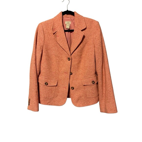 LL Bean Herringbone Tweed Blazer Size M Pink Wool Silk Office Professional - Picture 1 of 5